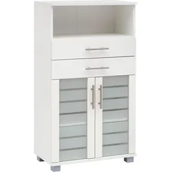 Midischrank SCHILDMEYER "Nikosia", weiß, B:60cm H:110,5cm T:32,5cm, Schränke, Breite 60 cm, mit Glastüren, 2 Schubladen, MDF-Fronten, Metallgriffe