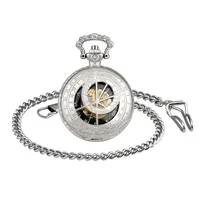 MICGIGI-Unisex Taschenuhr mit Kette Analog Handaufzug Hohlen Mechanische Taschenuhren Silber