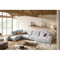 KAWOLA Sofa MADELINE Wohnlandschaft U-Form Cord hellgrau Longchair rechts