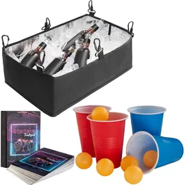 Tectake tectake® Bierpongtisch, aus Aluminium, mit Eisfach, Becherlöchern, LED-Beleuchtung, bodenschonende Kunststofffüße, inklusive 100 Bechern, 6 Bällen und Kartentrinkspiel