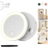 MOMOKUBA Kosmetikspiegel mit Beleuchtung, 30-Fach Vergrößerungsspiegel mit Saugnapf, 3 Farben beleuchtbar und dimmbar, für Präzisionsmake-up, Wand- oder Tischspiegel für Badezimmer, Weiß