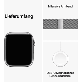 Apple Watch Series 9 GPS + Cellular 45 mm Edelstahlgehäuse silber, Milanaise Armband silber One Size