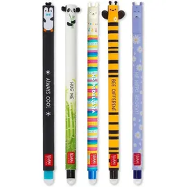 Legami – Set 5 radierbaren Gelstiften mit wärmeempfindlicher Tinte, einer Auswahl an Tintfarben und Designs, 0,7 mm Spitze, mit den Motiven Pinguin, Panda, Lama, Biene und Nilpferd
