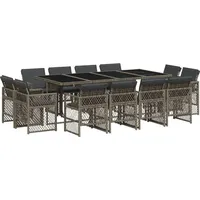 VidaXL 13-tlg. Garten-Essgruppe mit Kissen Grau Poly Rattan