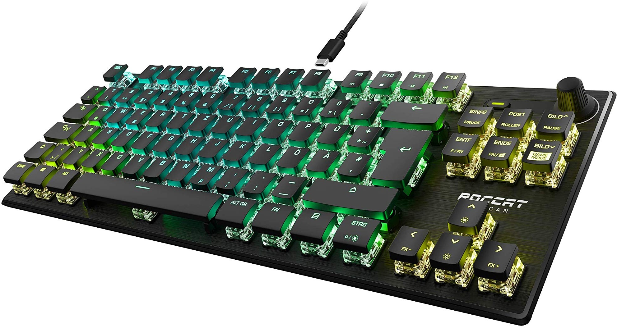 Roccat Vulcan TKL Pro - Kompakte optische RGB Gaming Tastatur, AIMO LED Einzeltastenbeleuchtung, Titan Switch Optical, Aluminiumoberfläche, Multimediarad, komaptible mit Laptop, Usb