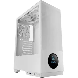 Tacens SAGITTA20, ATX PC-Gehäuse, LED-Bildschirm mit Echtzeit-Temperaturen, 3X 120mm Lüfter, Seitliches Gehärtetes Glas, Front Mesh Metall Staubschutz, CableHatch, USB-C, Weiß