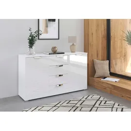 Rauch Möbel Glamour by Aditio Kombikommode, Kommode, Sideboard, Schubkastenkommode, 2-türig, 4 Schubkästen, Soft-Close, Farbe Hochglanz Weiß/Alpinweiß, 140x81x42cm