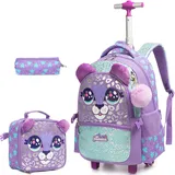 JSMNIAI Trolley Rucksack mit 2 Rollen für Kinder Mädchen,Trolley Schultasche für Kinder Schule und Reise,Trolley Kindergepäck Mit Essensbeutel und Federmäppchen