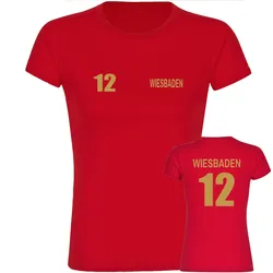 multifanshop Damen T-Shirt - Wiesbaden - Trikot Nummer 12 gold - Druck gold metallic - Frauen