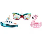 BRUBAKER Weihnachtskugel Set Strand Urlaub - Sonnenbrille Boot und Flamingo Schwimmring - Handbemalte Baumkugeln - Christbaumschmuck aus Glas für Reisende Urlauber - 3tlg. Baumschmuck Lustig