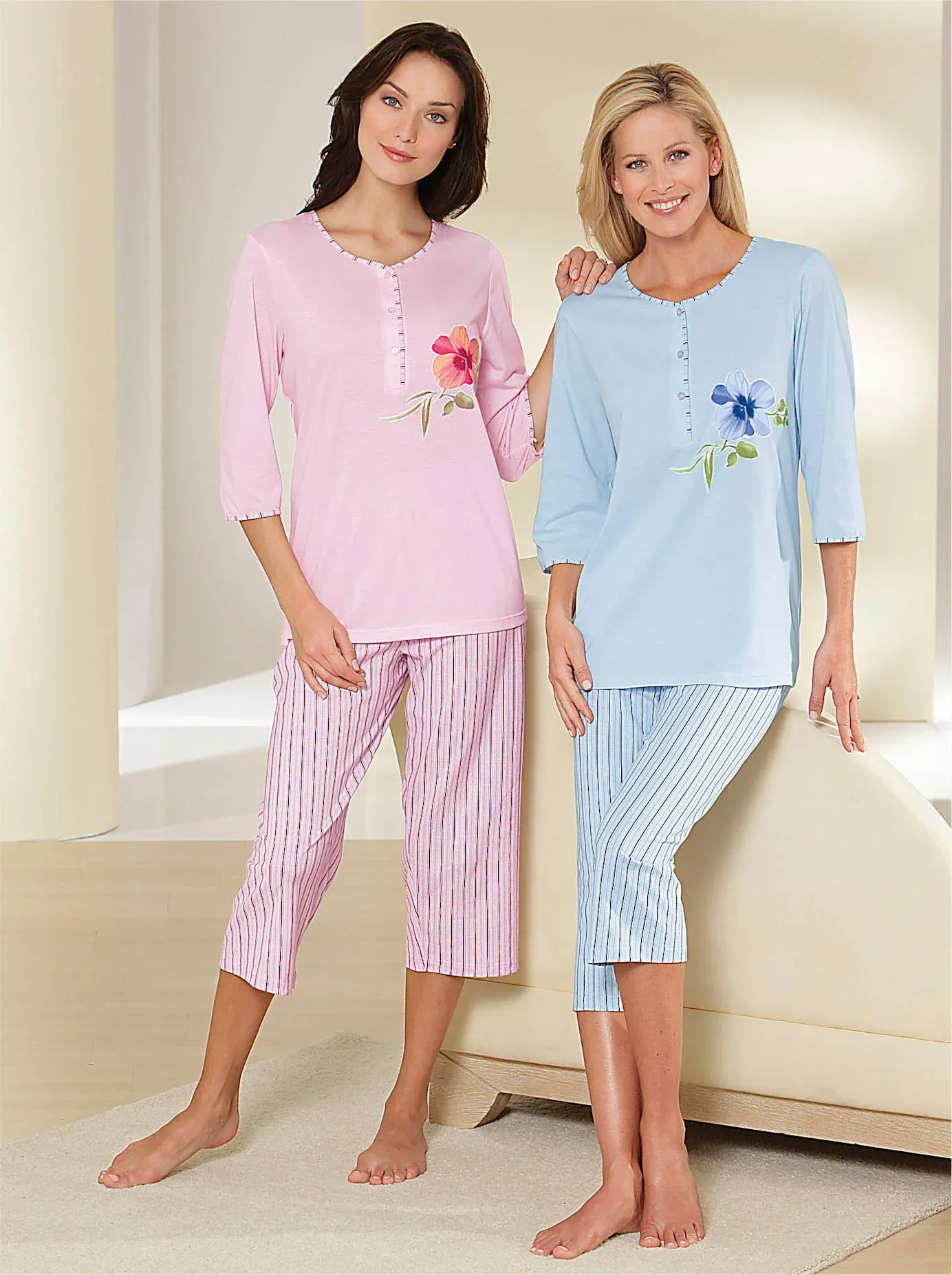 Schlafanzug ASCAFA, Damen, Gr. 36/38, bunt (rosé, bleu), 100% Baumwolle, Homewear-Sets Schlafanzug