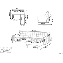 Beliani 4-Sitzer Ecksofa Links Hellgrau Samt Gesteppt L-förmig mit Schlaffunktion Schwarzen Metallbeinen Modern Glamourös Modulsofa Schlafsofa