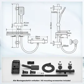 Görbach Thermostat Duschsystem mit Duscharmatur, Duschstangeset mit Duschablage, Thermostat Mischbatterie Dusche + Edelstahl Brausestangeset 70cm, Schwarz