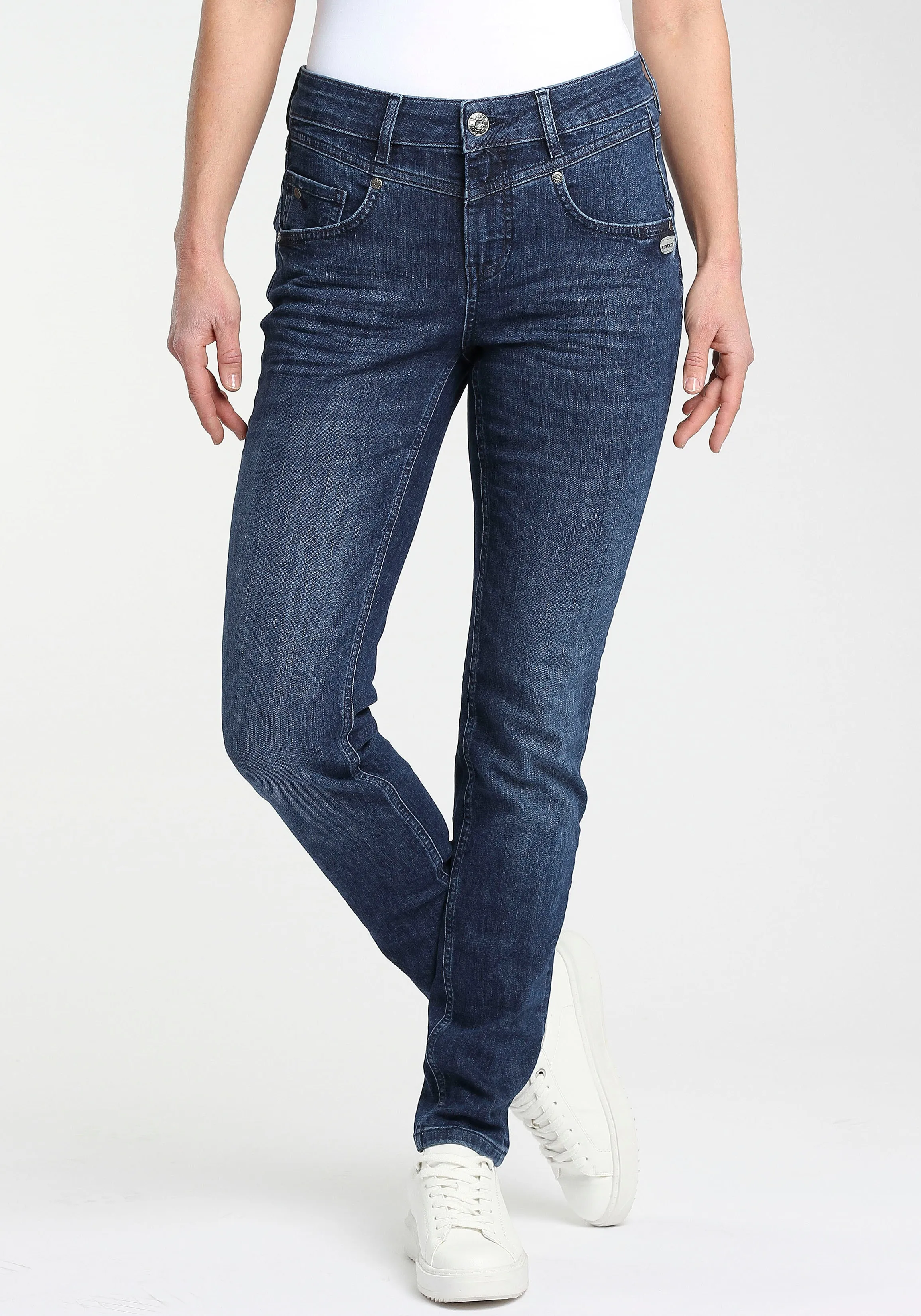 Skinny-fit-Jeans GANG "94MARISSA" Gr. 27, N-Gr, blau (dark, blue, used) Damen Jeans Röhrenjeans mit modischer V-Passe vorn & hinten