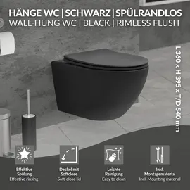 ECD Germany LuxeBath Hänge-WC mit WC-Sitz Schwarz matt