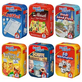 Schmidt 51055 BUNDLE sort. - Schmidt Bringsel - 6 verschiedene Mitbring-Spiele in Metallbox
