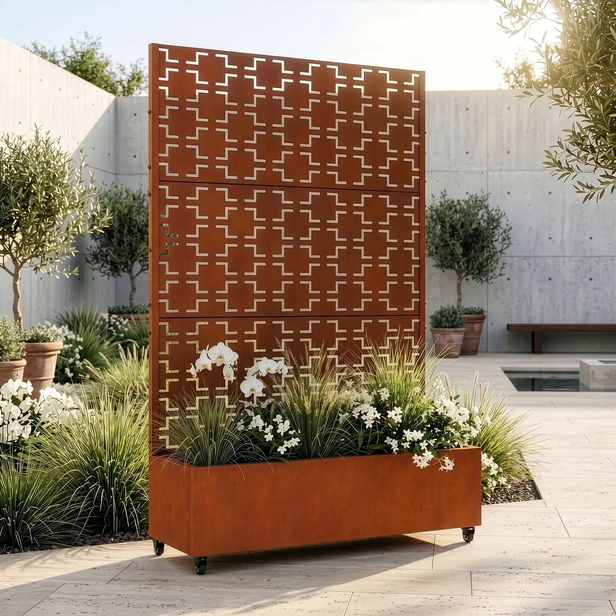 Trennwand Aaskis mit Blumenkasten Cortenstahl 190x120 cm Edelrost [casa.pro]
