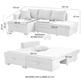 luma-home Ecksofa Schwenkfunktion Doppelbett Schlafcouch Bettkasten Cord in Grau Anthrazit / 15214 - Grau