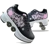 Rollschuh,Roller Skates Lauflernschuhe,2-in-1 Mehrzweckschuhe Schuhe mit Rollen,Inline-Skate,Verstellbare Quad-Rollschuh Stiefel Skateboardschuhe Für Kinder Damen,BlackPink-EU37