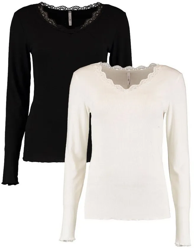 HaILY’S T-Shirt Langarm Shirt 2-er Set Spitzen Top Fi44ona (2-tlg) 5903 in Schwarz-Weiß schwarz|weiß XXL (44)