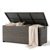 Amopatio 650L Gartenbox Auflagenbox wasserdicht, Kissenbox outdoor aus Polyrattan, Aufbewahrungsbox Metall mit Gasdruckfedern, Gartenkiste wetterfest für Garten, Balkon, (Braun)