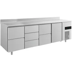 Edelstahl Kühltisch je 2 Schubladen links&Mitte 3 Schubladen Mitte 1 Tür rechts, Aufkantung, 2330x700x850mm -2/+8°C