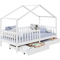 Idimex Hausbett ELEA aus massiver Kiefer, Kinderbett mit Rausfallschutz 90x200cm, Spielbett mit Dach in weiß - Weiß