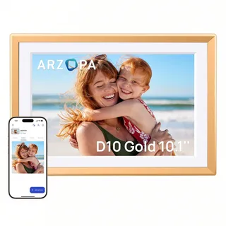 Arzopa Digitaler Bilderrahmen WLAN 10,1" Kostenlos Unbegrenzter Cloud-Speicher Metall Bilderrahmen Digital KEIN Abonnement Teilen Fotos Videos Individuelle Grußkarte zum Verschenken - D10 Gold