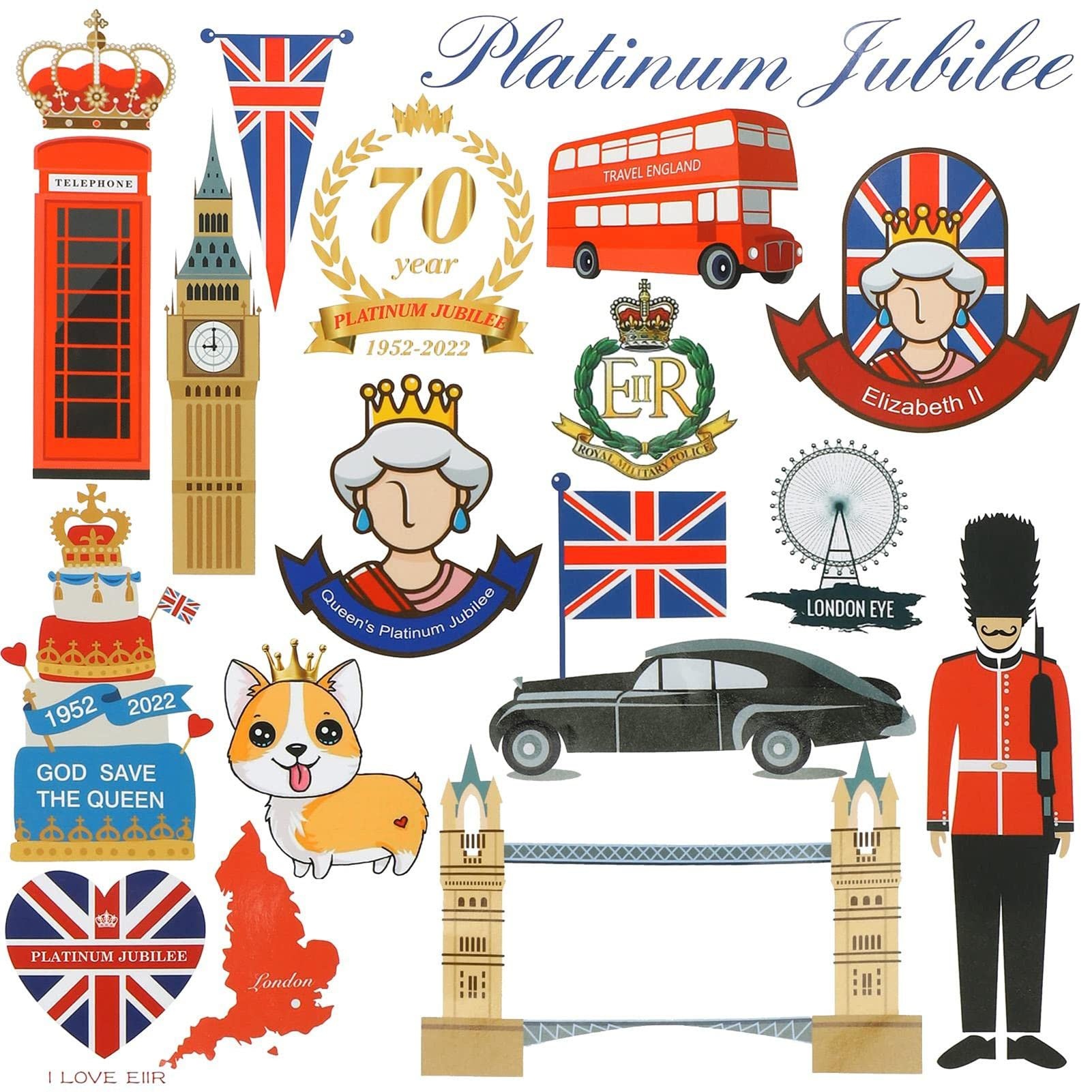 Jatour Dekorativer Aufkleber zum Jubiläum der Königin, 2022, Union Jack-Flagge, Krone, London, britische Party-Dekorationen – PVC-Aufkleber, Krone, Auto, Flagge, ehr