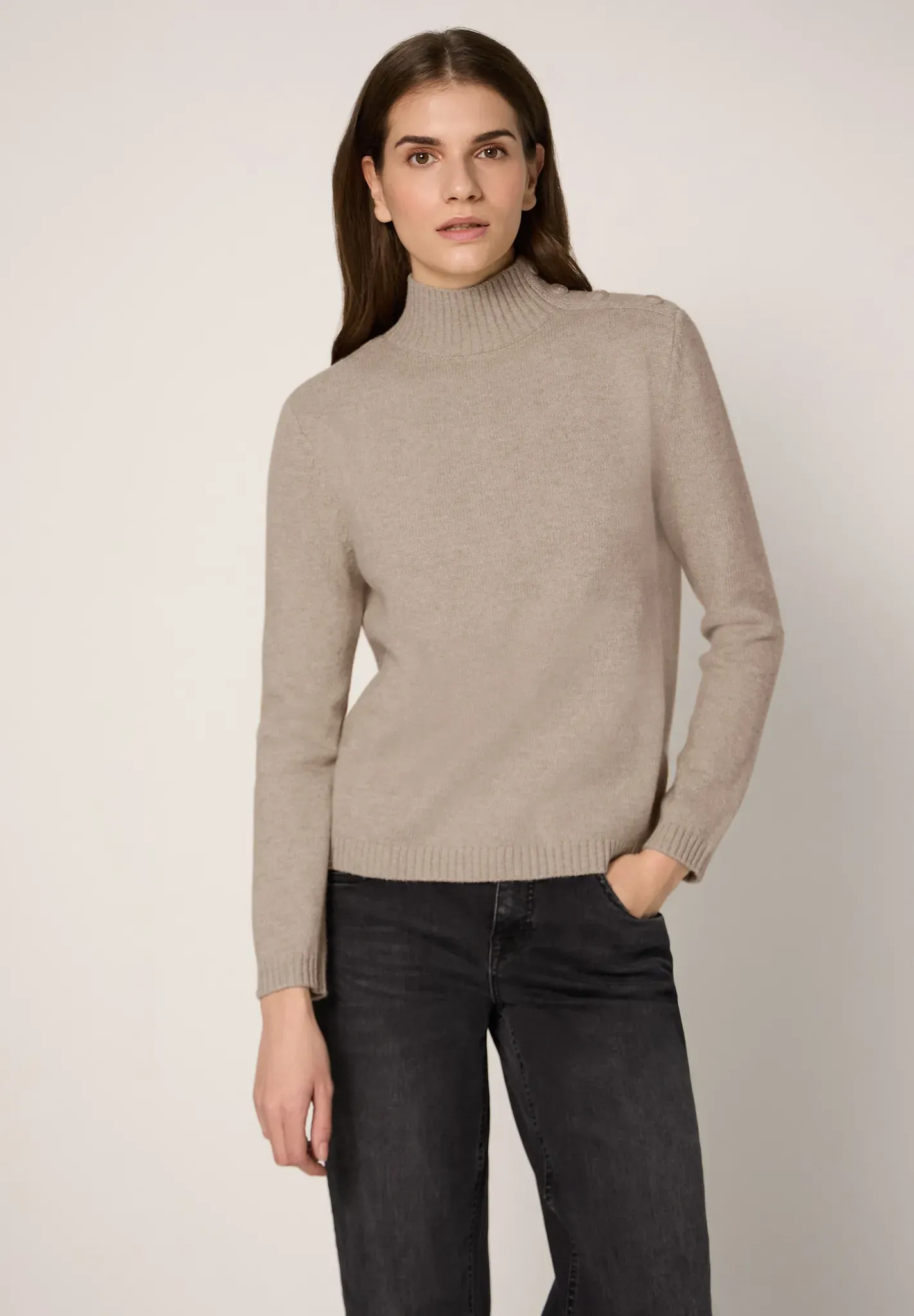 Strickpullover STREET ONE STUDIO, Damen, Gr. 40, beige (buffed beige meliert), Web, 37% Polyacryl, 29% Baumwolle, 29% Polyester, 5% Nylon, unifarben, normal normal, hoch geschlossener Ausschnitt, Rippbündchen, Pullover Strickpullover, aus Feinstrick
