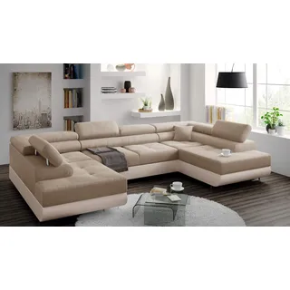 Ecksofa Miami U mit Schlaffunktion, Eckcouch mit Bettkasten, U Form Couch, Sofagarnitur mit Schalffunktion, 338 x 203 cm (Creme + Cremiger Kunstleder - EKO)