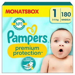 Pampers® Windeln Monatsbox premium protectionTM Größe Gr.1 (2-5 kg) für Neugeborene (0-3 Monate), 180 St.