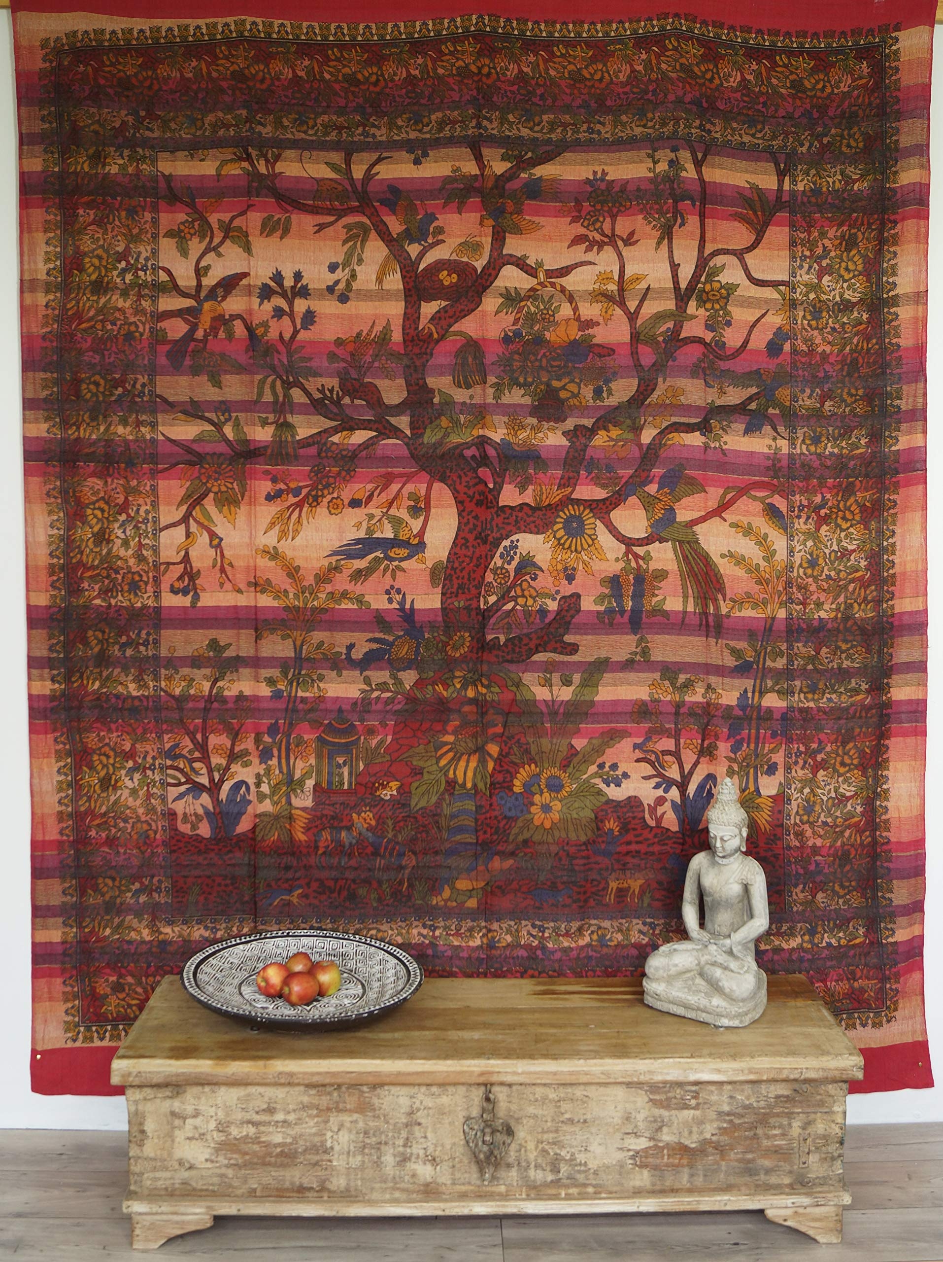 GURU SHOP Boho-Style Wandbehang, Indische Tagesdecke Lebensbaum/Tree of Life - Rot, Baumwolle, 250x210x0,2 cm, Bettüberwurf, Sofa Überwurf