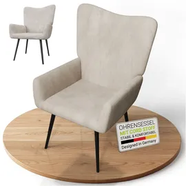 Juskys Ohrensessel Odense Cord 68 x 95 x 73 cm Beige ohne Hocker