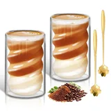 LISDATKE Latte Macchiato Gläser Doppelwandig 400ml 2er Set Cappuccino Gläser Doppelwandig mit 2 Löffeln Doppelwandige Kaffeegläser aus Borosilikatglas Thermogläser