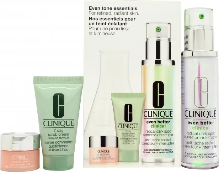 Clinique Even Tone Essentials Geschenkset 50 ml Even Better Clinical Radical Dark Spot Corrector + Interrupter + 30 ml 7 Day Scrub Cream + 5 ml All About Eyes
