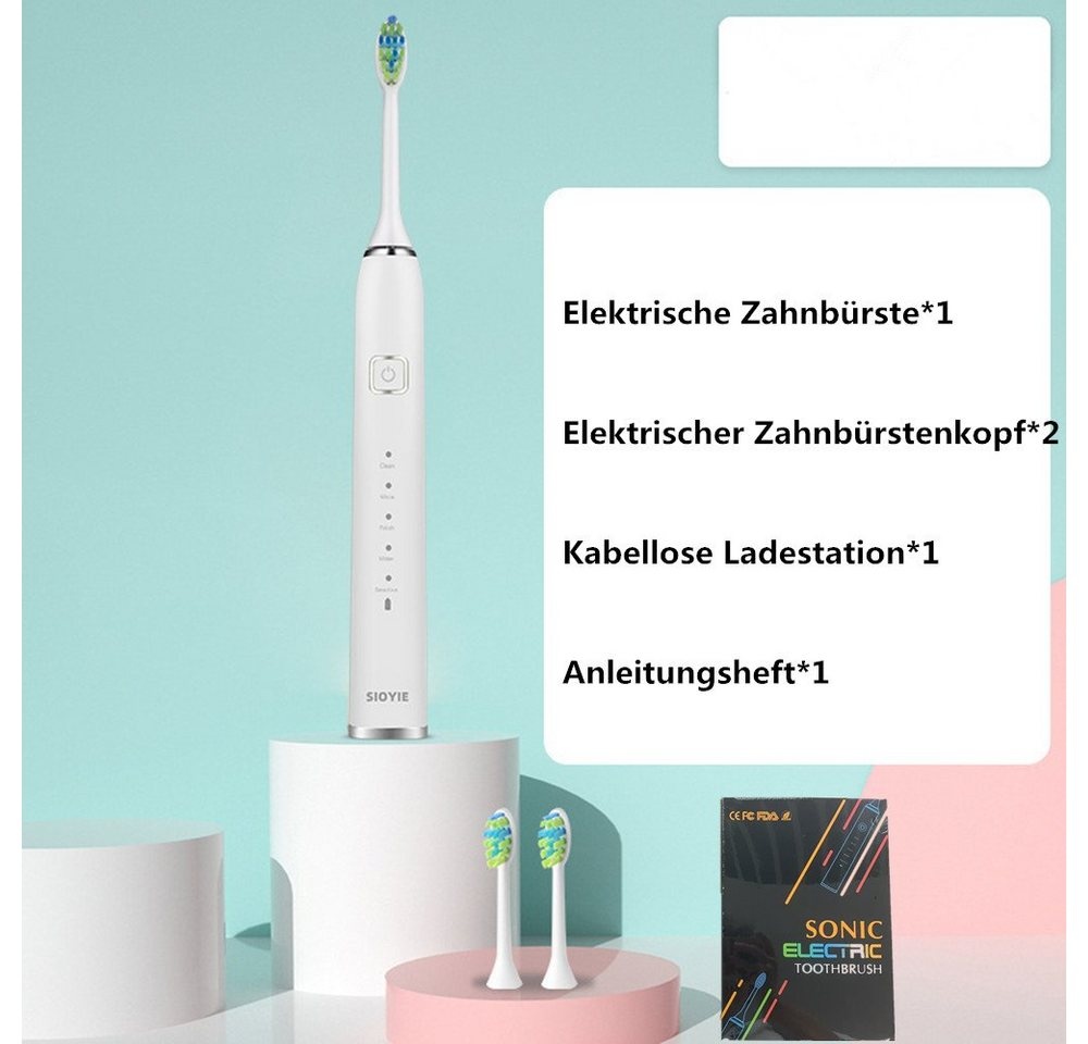 Preisvergleich Produktbild XDeer Zahnbürste Elektrische Zahnbürste Schallzahnbürste - Reise Zahnbürsten, Elektrisch,Schall Electric Toothbrush Mit 2 köpfe, 5 modi,Timer weiß