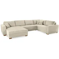 luma-home Cord Wohnlandschaft U-Form Sofa Schlaffunktion Couch Bettkasten, in Beige Grau / Beige/Grau