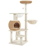 Yaheetech Kratzbaum, 137,5cm Rattan Katzenbaum für große Katze, Stabiler Kletterbaum mit Katzenhaus waschbare Kissen Korb Sisalstämme, Beige