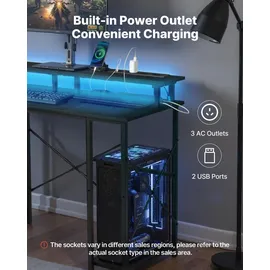 Vevor Computertisch Bürotisch Schreibtisch mit intelligenten LED-Leuchten & Steckdosen, Arbeitstisch mit Monitorständer & 2-stufigen Lagerregalen, Arbeitszimmer Wohnzimmer Homeoffice Schwarz