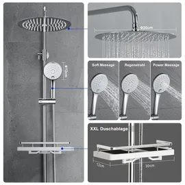 dylin gmbh JOHO Regendusche Duschsystem ohne Armatur, Rain Shower Duschset Überkopfbrauseset aus Edelstahl mit Ablage Chrom(Kopfbrause D20 Rund) - Silber