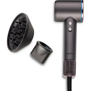 Medion Föhn - Ionen Haartrockner mit Diffusor HD1 (1.600 Watt, Stylingdüse, magnetische Aufsätze, leise langlebiger BLDC Motor, LED Ringlicht, langes Netzkabel) Haarföhn in schwarz