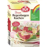 RUF Regenbogen-Kuchen, bunter Blechkuchen mit hellem Rührteig, in pink und grün mit Glasur und bunten Zuckerstreuseln, schneller Kuchen für Kinder-Geburtstag