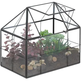 Relaxdays Pflanzenterrarium, Glas & Kupfer, 21x23x14 cm, Deko Glashaus Kakteen & Moos, Glaskasten Fensterbank, schwarz