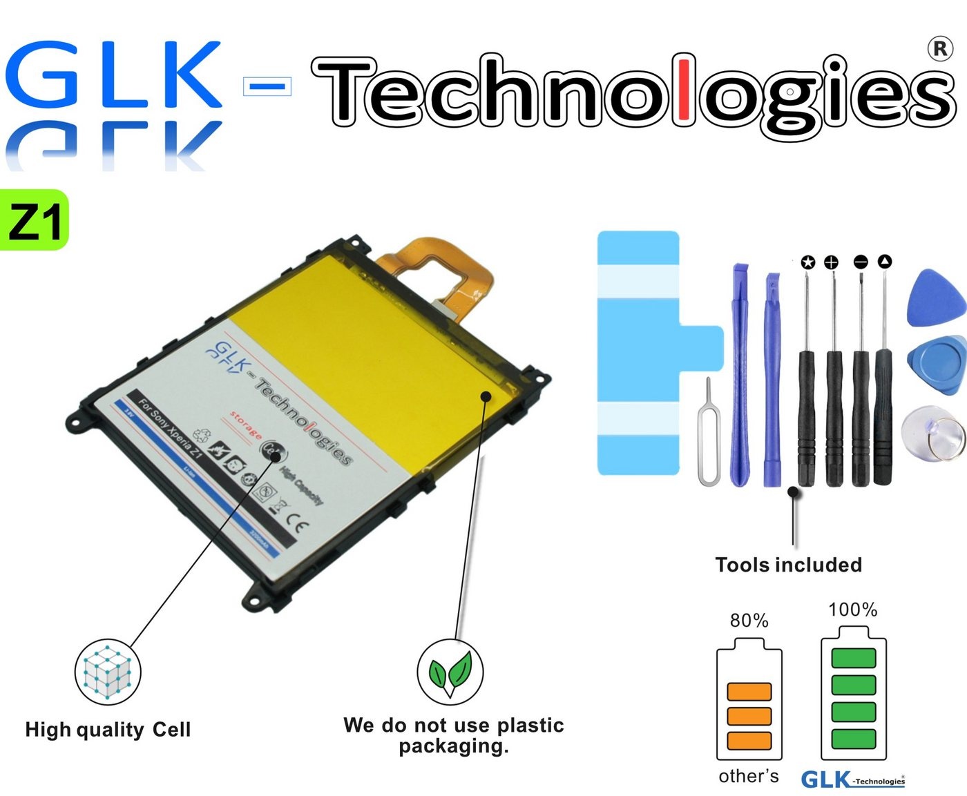 GLK-Technologies High Power Ersatzakku kompatibel mit Sony Xperia Z1 LIS1525ERPC, Original GLK-Technologies Battery, accu, 3200 mAh Akku, inkl. Werkzeug Set Kit Smartphone-Akku 3200 mAh