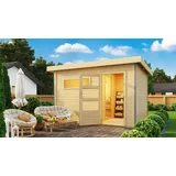 Chillroi® Karibu Saunahaus Helmi Gartensauna Outdoor Dampfkabine naturbelassen/terragrau optional mit Saunaofen (Naturbelassen mit 9KW Bio-Kombiofen)