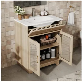 Okwish Badkommode Freistehender Waschtisch (hohen Beinen mit Rattan-Details,mit Schubladenlift-Design, 1 St., 76x46x88cm) 46 cm x 88 cm x 76 cm
