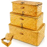 3 Stück Rattan Aufbewahrung Korb, Aufbewahrungskorb mit Deckel, Aufbewahrungskorb aus geflochtenem Rattan, Rechteckig Natürliches Seegras Geflochtener Regalkörbe für Wohnzimmer, Badezimmer und Küche