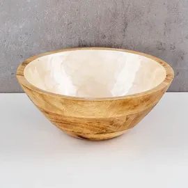 levandeo Schüssel 21cm Mango Holz Creme Perlmutt Emaille Schale Bowl Salatschüssel Deko - Braun