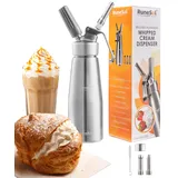 Runesol Sahnespender Aluminium 500ml, Auslaufsicherer Einfach Reinigen Sahnesyphon, Professionelle Sahnesprüher für Desserts, Schlagsahne mit 3 Edelstahl Deko-Düsen, Sahnesiphon, Whip Cream Dispenser